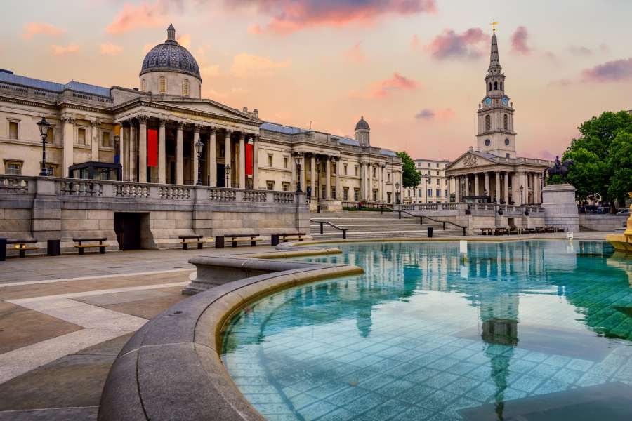 The National Gallery and Fountain, at Trafalgar Square.