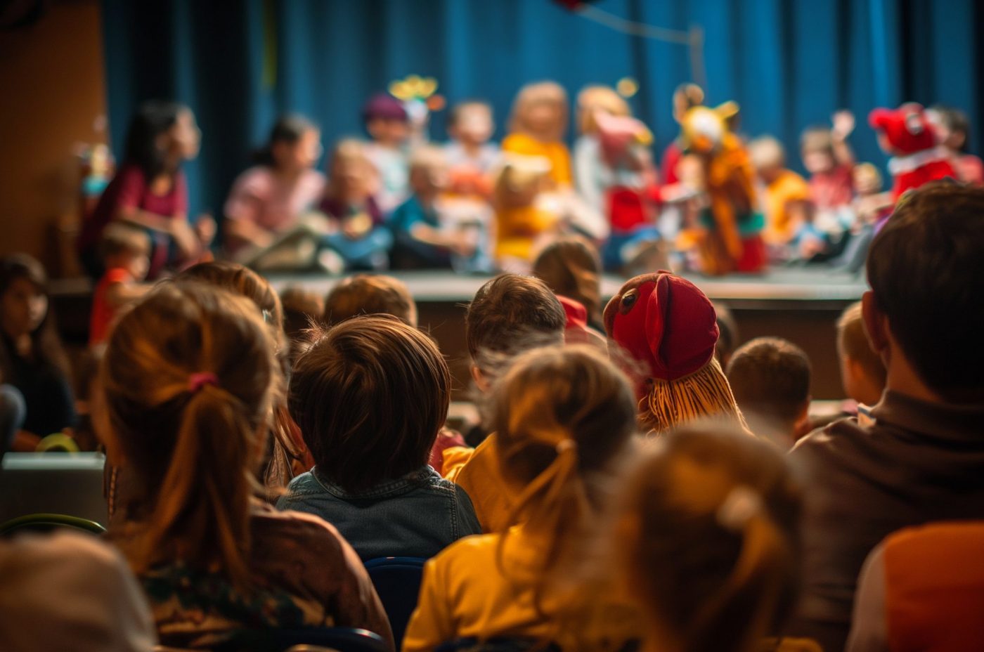 Children sitting in an audience watch a colourful puppet show at Edinburgh's International Children Festival