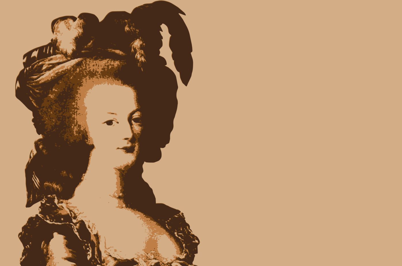 Stylized illustration of a woman in elaborate 18th-century attire, inspired by the elegance of a Kew Fete, with a large wig and feathered headdress, set against a plain beige background with empty space on the right.